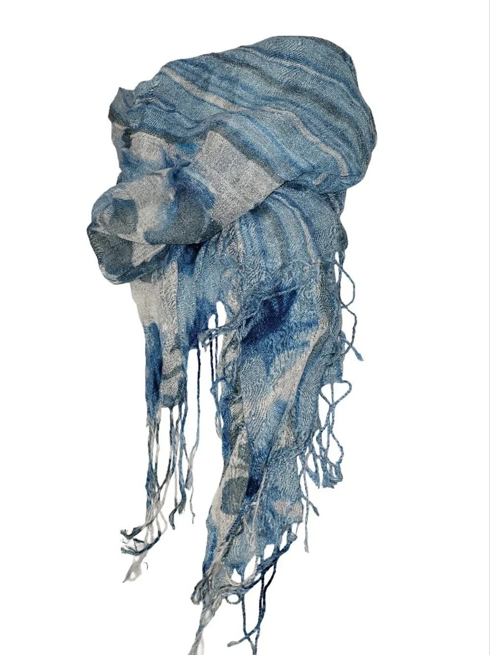 Blue Floral & Striped Lightweight Scarf Wrap Fringe Hem 22